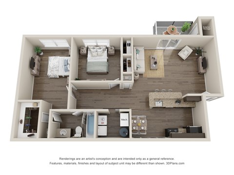 Floor plan for 2 beds, 1 bath, 967 sqft